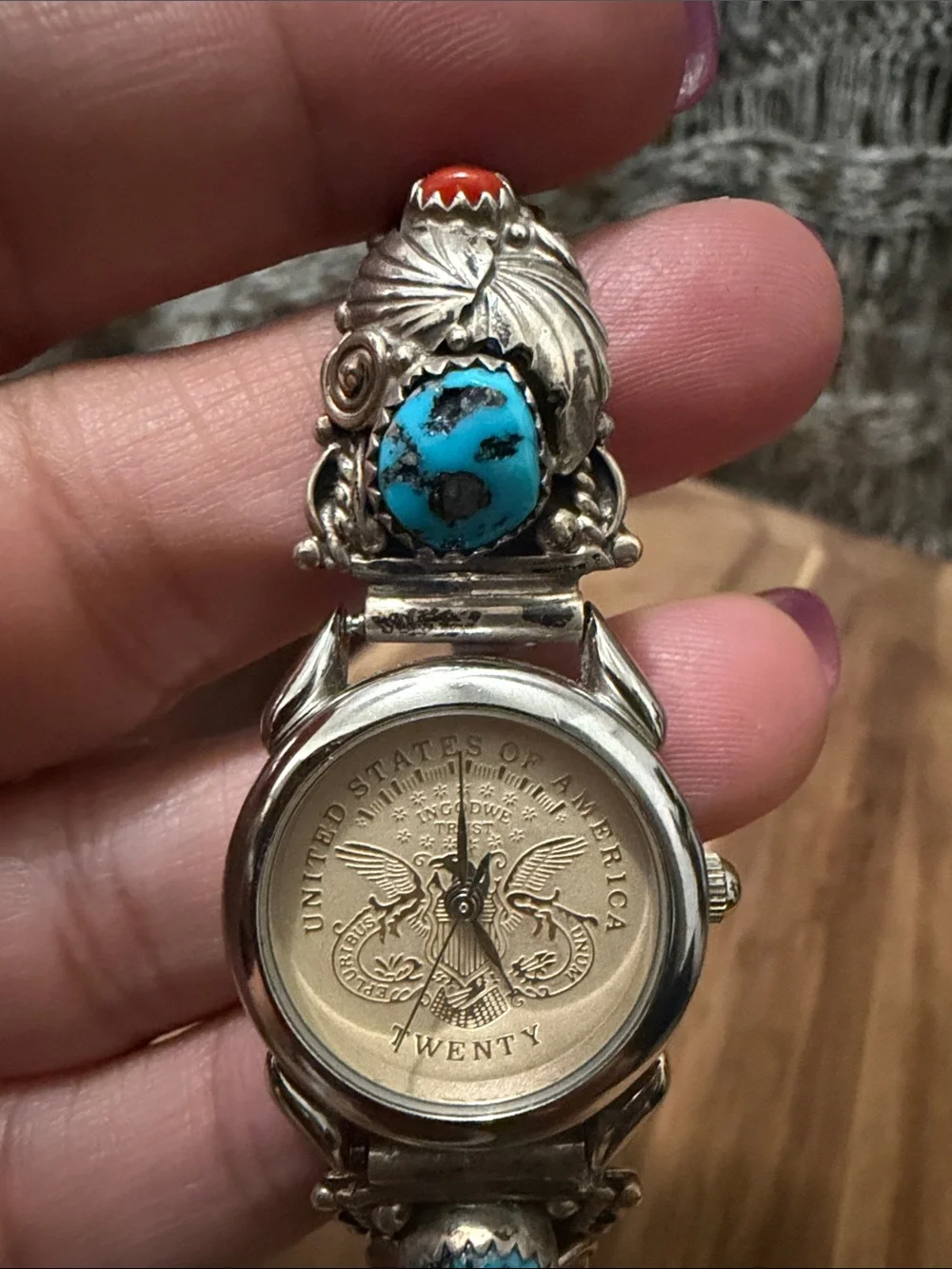 Sterling Silver Navajo Turquoise Coin Watch Bracelet by Simon or Sally Yazzie